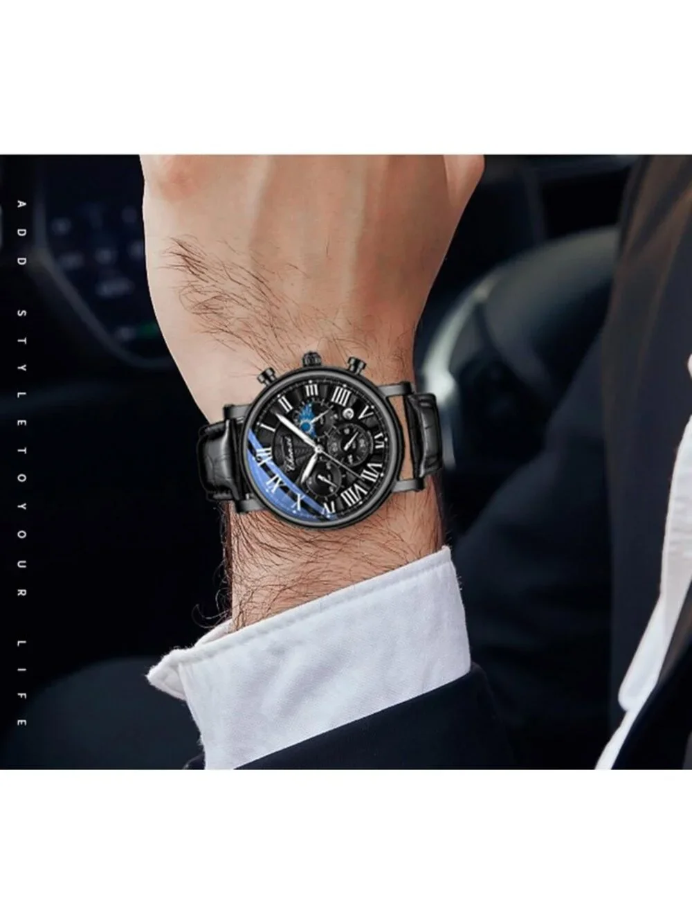 Men's All Black Multifunctional Military Leather Sports Analog Chronograph Watch